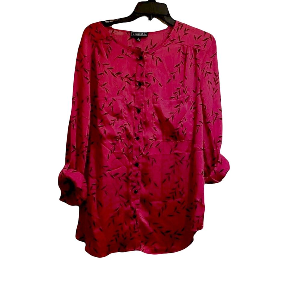 Woman's Plus Large Red Black Leaf Print Button Tunic Classic Shirt NWT Elementz